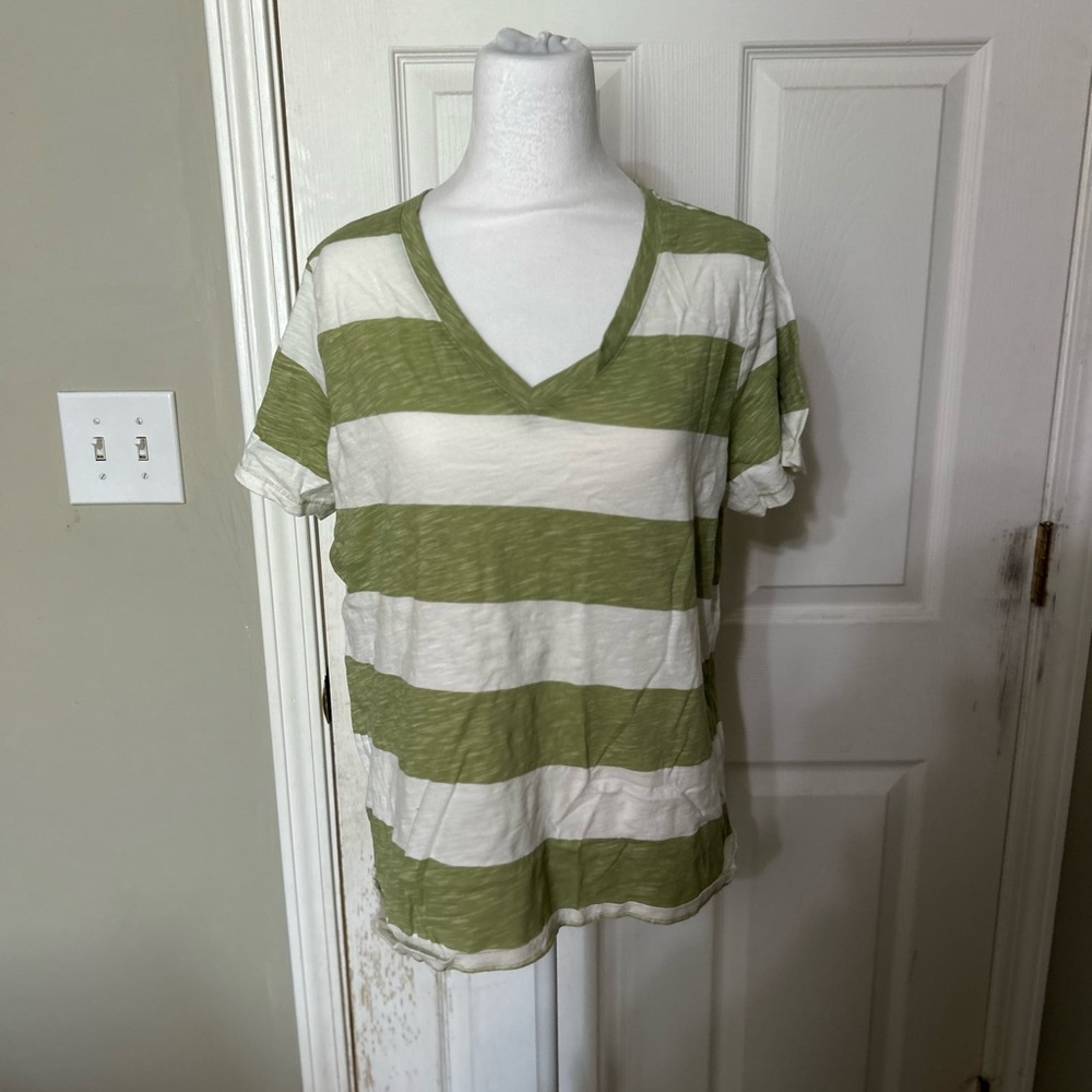 Green and white striped v-neck
